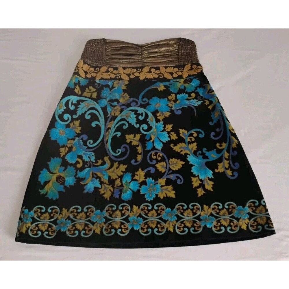 Free People Lost in Paradise Strapless Mini Dress Velvet Blue Gold Floral Sz 8